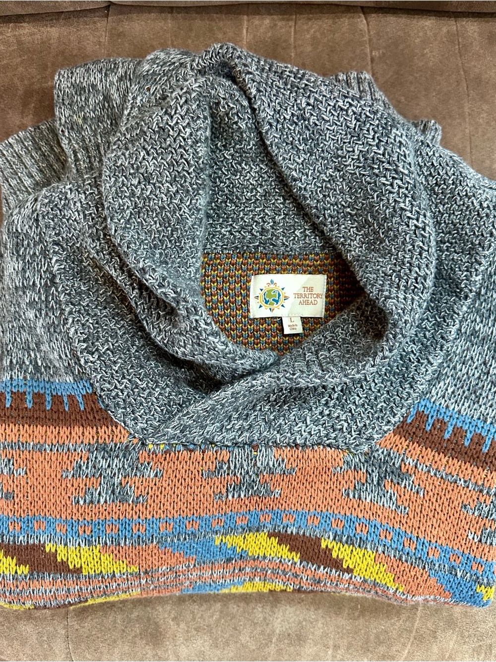 The Territory Ahead Gray Cowl-Neck Sweater with Multicolor Fair Isle Accents